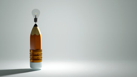 Education concept, Convey knowledge and ideas. 3D Rendering of light blub on pencil on white...