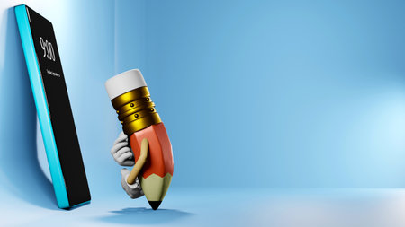 3D Rendering of pencil and mobil that has blank for input text on blue background. Realistic 3d...