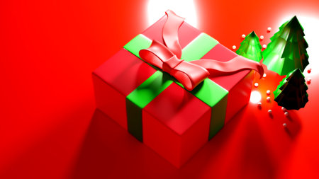 3d rendering of Christmas background with Christmas trees, Gift and snow isolated on red. Round platform, copy space. Modern simple minimal style.の写真素材