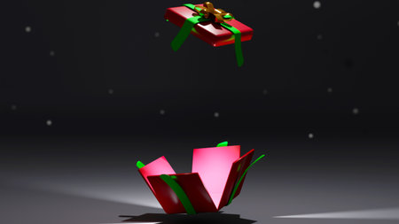 3d rendering of red Opened realistic gift box on Snowing at night background. Round platform. Modern...