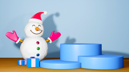 3D Rendering of Snow man, Blue podium And gift box symbol of christmas Represents a happy day. clip art isolated on blue background. Christmas Concept.の写真素材