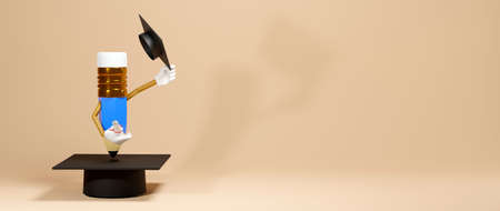 Education concept. 3d render of pencil and graduation hat, Modern flat design isometric concept of Education for website and mobile website. Landing page template.の写真素材