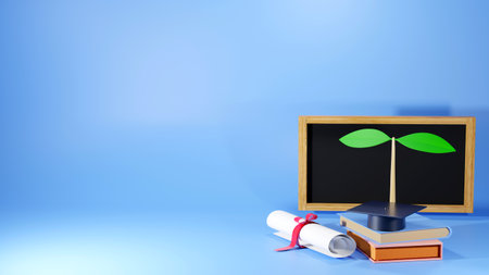 3D Rendering of Graduation Cap, Books,blackboard and tree on blue background. Realistic 3d shapes.Cultivating and developing education. Education concept. Come back to school.の写真素材