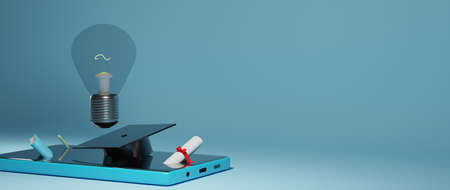Education online and graduation concept. 3D Rendering of Mobile phone and light bulb about High Educate represent online learning on blue background. Realistic 3d shapes. Take course or learn.の写真素材