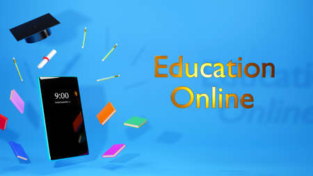 Education online concept. 3D Rendering of Mobile phone, graduates hat, colorful books and pencils...