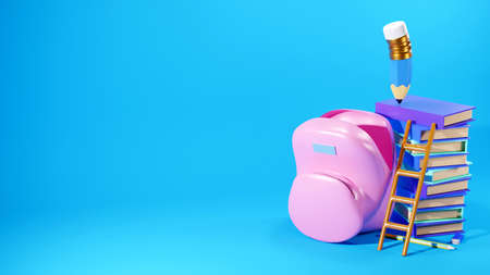 3D Rendering of pencils, Graduation Cap, Books, bag and staircase on blue background. Realistic 3d shapes. Education concept. Efforts to complete the study.の写真素材