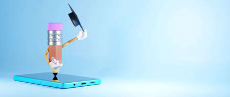 Digital Online Education. 3d render of mobile. Application learning on phone, mobile website...