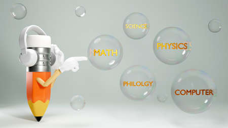 3D Rendering of A pencil worn by headphones represents online education on white background. Realistic 3d shapes. Education concept. Come back to school.の写真素材