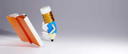 3D Rendering of a pencil and open book represents academic success on blue background. Realistic 3d shapes. Education concept. Come back to school.の写真素材