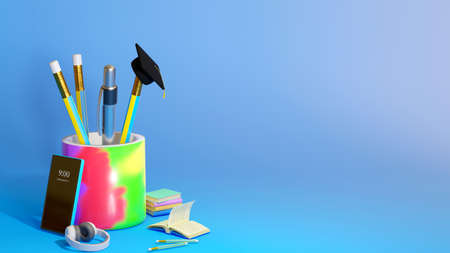 Digital Online Education. 3d render of computer. Application learning on phone, mobile website background.の写真素材