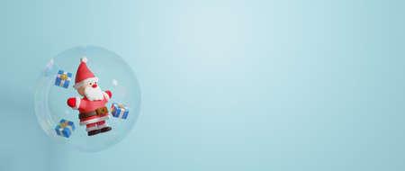 3D Rendering of Minimal santa and blue gifts in soap bubble isolated on blue background. Christmas Concept.の写真素材