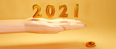 3d render of Happy New 2021 Year. Holiday realistic 3d sign of golden metallic numbers 2021 and ornamental shapes. Festive poster or banner design.の写真素材