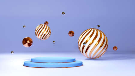 3D Rendering of Silver color and golden spheres of balls on blue background. Premium blue mock up...
