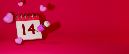 Heart, pencil, notebook on red background celebration concept for Happy Women, dad mom, sweet heart, 
banner or brochure birthday greeting gift card design. 3d Romantic love greeting poster.の写真素材