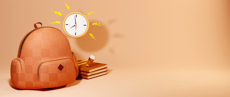 Education concept. 3d of book, bag on orange background. Modern flat design isometric concept of...