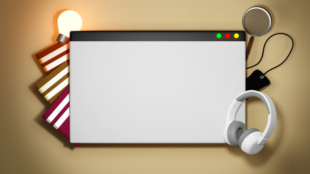 Digital Online Education. 3d of computer, book learning on phone website background. social distance...