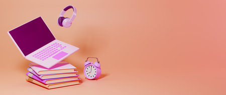 Digital Online Education. 3d of book, notebook learning on phone website background. social distance concept. Classroom Online Education internet network.の写真素材