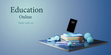 Digital Online Education. 3d of book, mobile learning on phone website background. social distance concept. Classroom Online internet network.の写真素材