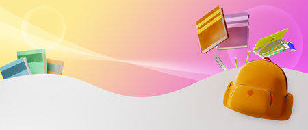 Education concept. 3d of bag, books on colorful background. Modern flat design isometric concept of...
