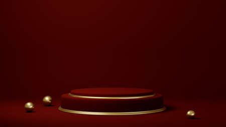 Podium, pedestal or platform, background for the presentation of cosmetic products. Place for ads. 3D rendering red stage geometry with gold. Product presentation blank podium.の写真素材