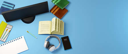 Digital Online Education. 3d of mobile, book, computer learning on phone website background. social distance concept. Classroom Online internet network.の写真素材