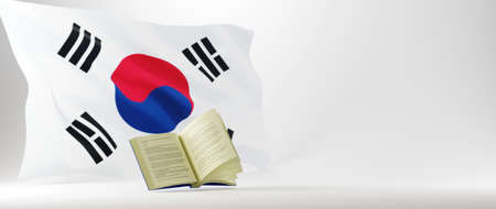 Education concept. 3d of book and Korea flag on white background. Modern flat design isometric concept of Education. Back to school.の写真素材