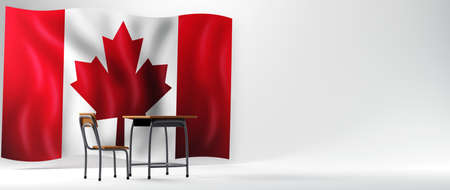 Education concept. 3d of desk and Canada flag on white background. Modern flat design isometric...