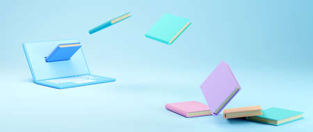 Digital Online Education. 3d of notebook and books about learning on phone, computer. social distance concept. Classroom Online internet network.の写真素材