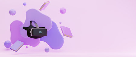 Digital Online Education. 3d of VR and books about learning on phone, computer. social distance concept. Classroom Online internet network.の写真素材