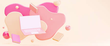 Digital Online Education. 3d of notebook and books about learning on phone, computer. social distance concept. Classroom Online internet network.の写真素材