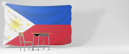 Education concept. 3d of desk and Philippines flag on white background. Modern flat design isometric concept of Education. Back to school.の写真素材