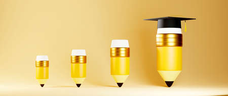 Education concept. 3d of pencils and graduation hat on orange background. Modern flat design...