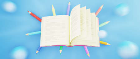 Education concept. 3d of colorful pencils and book on blue background. Modern flat design isometric...