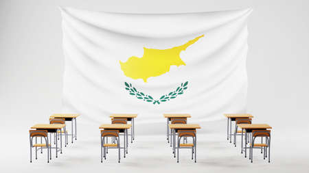 Education concept. 3d of desks and Cyprus flag on white background. Modern flat design isometric...