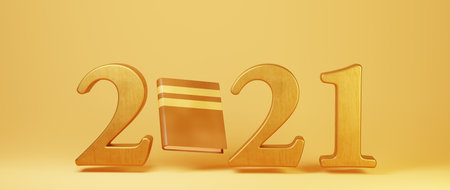 Education concept. 3d of 2021 and book on orange background. Modern flat design isometric concept of Education. Back to school.の写真素材