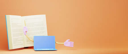 Digital Online Education. 3d of book and notebook about learning on phone, computer. social distance...