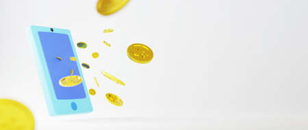 3D render of mobile and golden coin. Shopping online and e-commerce on web concept. Secure online...