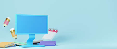 Digital Online Education. 3d of computer and books about learning on phone, computer. social distance concept. Classroom Online internet network.の写真素材