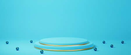 3d render of blue and gold podium. Background with geometric composition, semicircular stand. Modern...