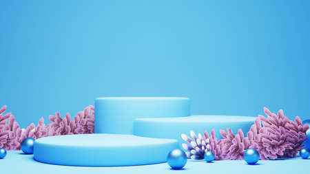 3d render of blue podium. Background with geometric composition, semicircular stand. Modern design.の写真素材