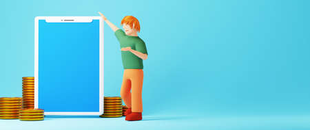 3D render of a man working online and golden coins. Shopping online and e-commerce on web business concept. Secure online payment transaction with smartphone.の写真素材