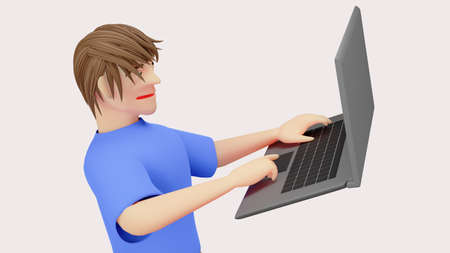 Digital Online Education. 3d of a man using a notebook isolated white background, about learning on phone, computer. social distance concept. Classroom Online internet network.の写真素材