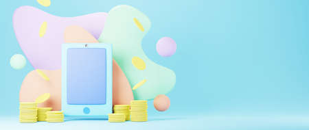 3D render of mobile phone and golden coins. Shopping online and e-commerce on web business concept....