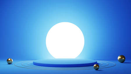 3d render of blue and gold podium. Background with geometric composition, semicircular stand. Modern design.の写真素材