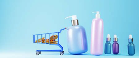 3D render of products shopping. Shopping online and e-commerce on web business concept. Secure online payment transaction with smartphone.の写真素材