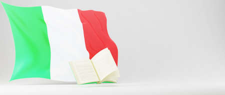 Education concept. 3d of book and Italy flag on white background. Modern flat design isometric concept of Education. Back to school.の写真素材