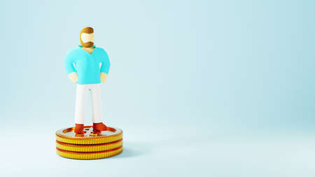 3D render of a man and golden coins. Shopping online and e-commerce on web business concept. Secure online payment transaction with smartphone.の写真素材