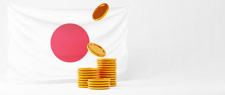 3D render of golden coins and Japan flag. Shopping online and e-commerce on web business concept. Secure online payment transaction with smartphone.の写真素材