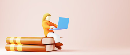 Digital Online Education. 3d of a girl is learning on computer. social distance concept. Classroom Online internet network.の写真素材