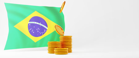 3D render of golden coins and brazil flag. Shopping online and e-commerce on web business concept. Secure online payment transaction with smartphone.の写真素材